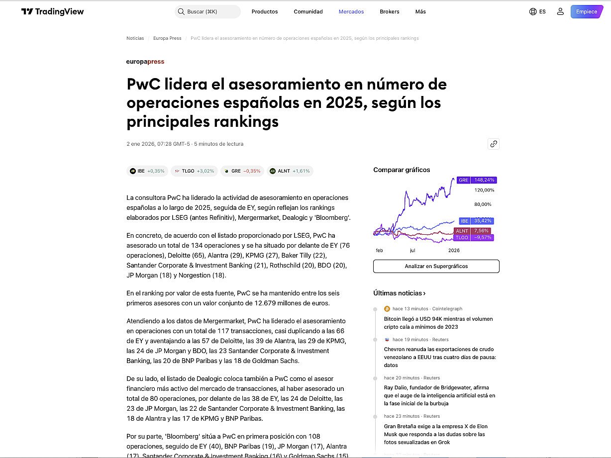 PwC lidera el asesoramiento en n�mero de operaciones espa�olas en 2025, seg�n los principales rankings